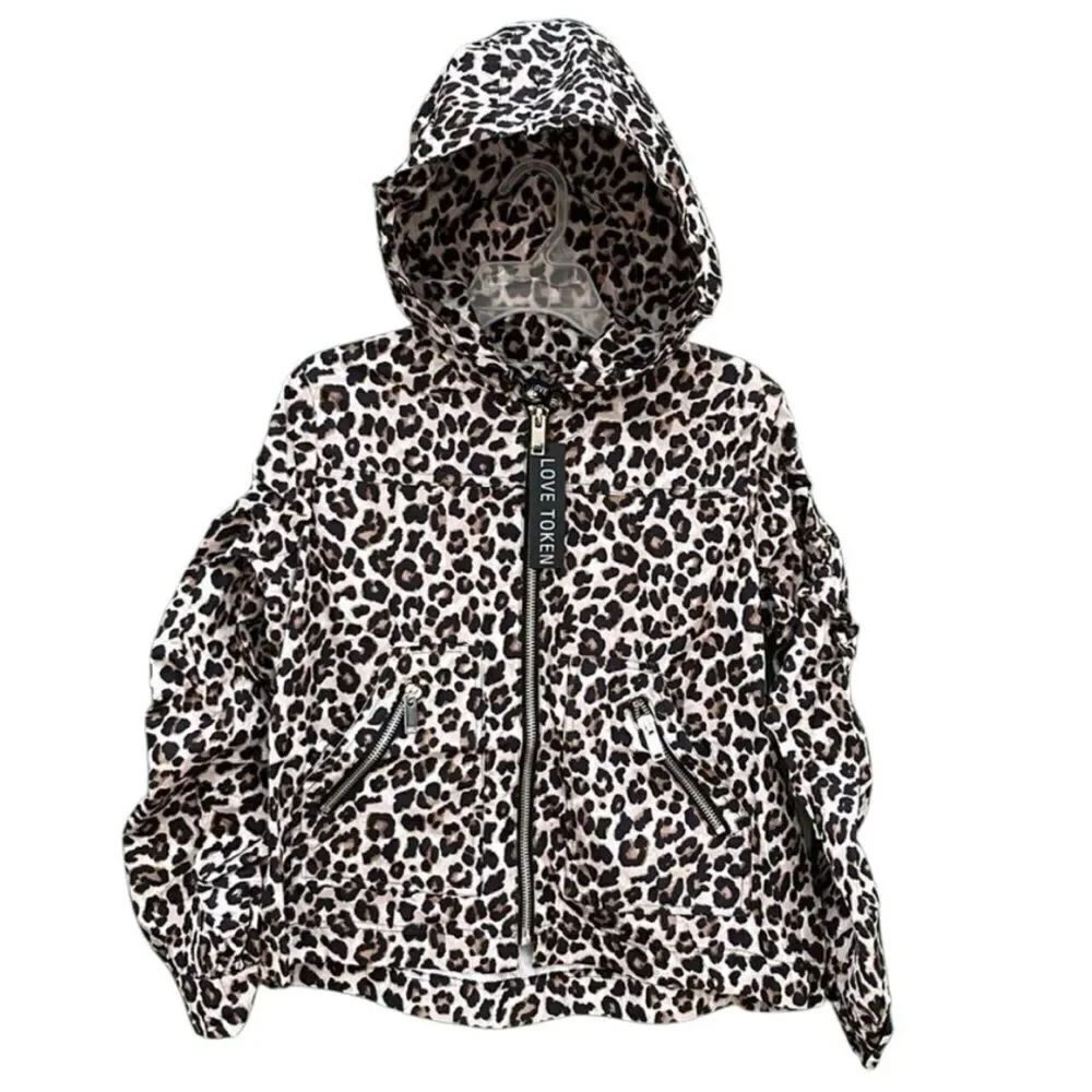 LOVE TOKEN Leopard Print Ruched Sleeve Zip Hoodie Lightweight Jacket Coat Size M